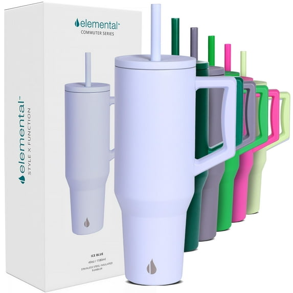 Elemental Commuter 40 oz Tumbler with Handle and Straw Lid | Travel Coffee Mug Spill Resistant | Insulated Cup Stainless Steel Tumblers for Water, Smoothies, Milkshake and More | Ice Blue