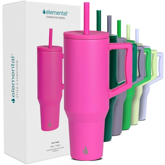 Elemental Commuter 40 oz Tumbler with Handle and Straw Lid | Travel Coffee Mug Spill Resistant | Insulated Cup Stainless Steel Tumblers for Water, Smoothies, Milkshake and More | Hot Pink
