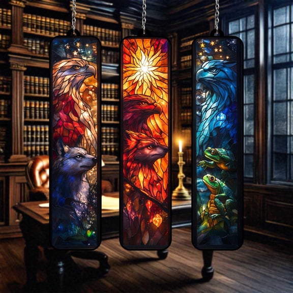 Elemental Creature Suncatcher Set, Vertical Acrylic Panels with Eagle, Wolf, Frog and Firelight, Fantasy Window Decor Gift Trio