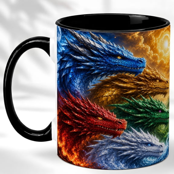 Elemental Dragon Heads Coffee Mug, Fantasy Dragon Mug, Ceramic 11 oz
