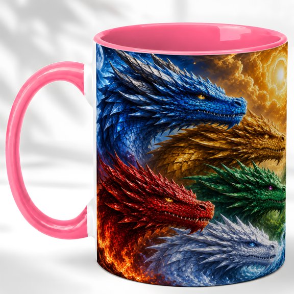 Elemental Dragon Heads Coffee Mug, Fantasy Dragon Mug, Ceramic 11 oz