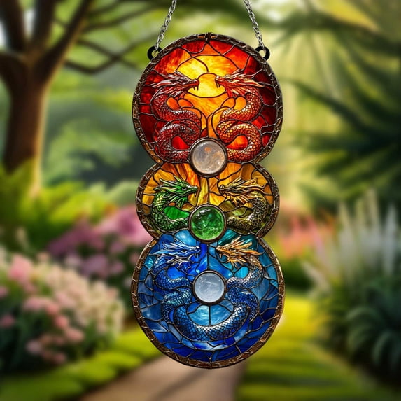 Elemental Dragon Suncatcher, Vertical Acrylic Window Hanging with Red Green Blue Dragons and Crystal Orbs, Feng Shui Fantasy Decor Gift
