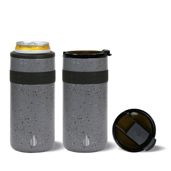 Elemental Duo-Sip 2 in 1 Travel Coffee Tumbler with 100% Leak Proof Lid & Slim Can Cooler Insulator for 12oz Slim Cans, Triple Walled Stainless Steel for Hard Seltzer & Hot/Cold Drinks - Grey Speckle
