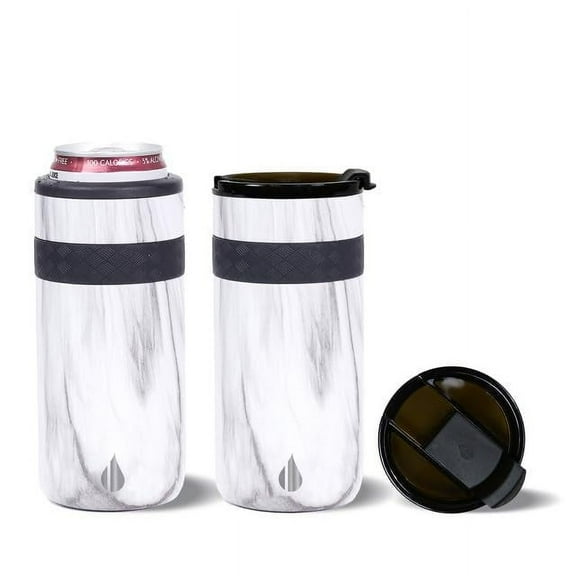 Elemental Duo-Sip 2 in 1 Travel Coffee Tumbler with 100% Leak Proof Lid & Slim Can Cooler Insulator for 12oz Slim Cans, Triple Walled Stainless Steel for Hard Seltzer & Hot/Cold Drinks - White Marble