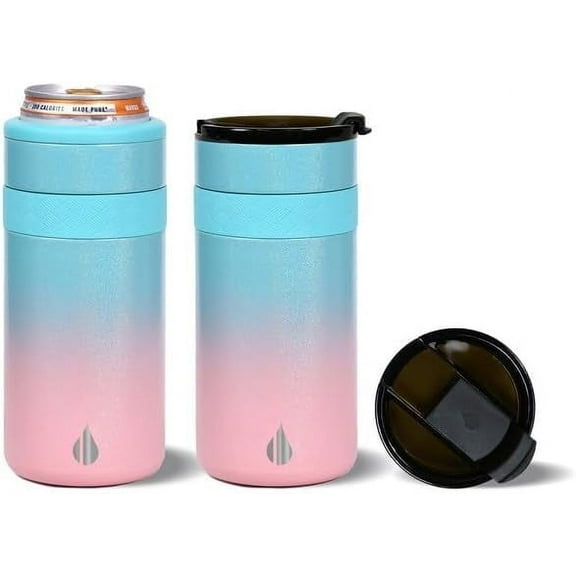 Elemental Duo-Sip 2 in 1 Travel Coffee Tumbler with 100% Leak Proof Lid & Slim Can Cooler Insulator for 12oz Slim Cans, Triple Walled Stainless Steel for Hard Seltzer & Hot/Cold Drinks - Cotton Candy