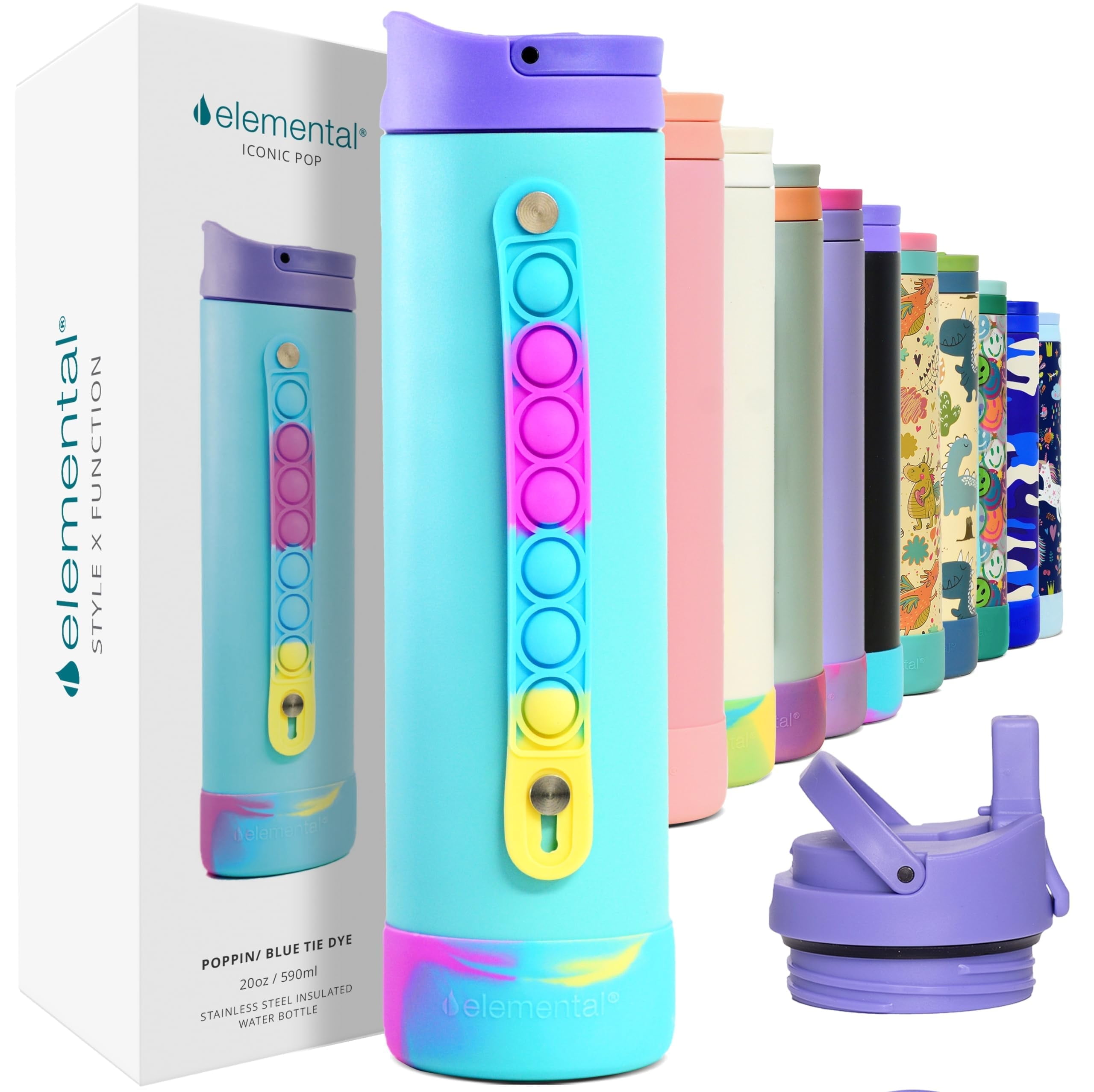 Elemental Iconic Kids Water Bottle with Straw Lid & Stress Reliever Pop ...