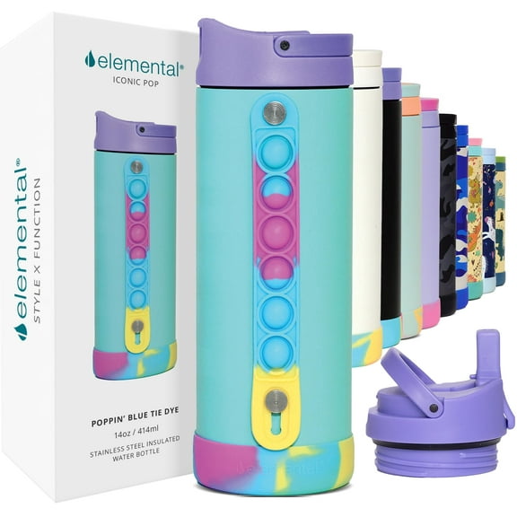 Elemental Iconic Kids Water Bottle with Straw Lid & Stress Reliever Pop It Handle - Leak-Proof When Closed - Triple Insulated Stainless Steel Reusable Thermos Water Bottle - 14oz - Blue Tie Dye