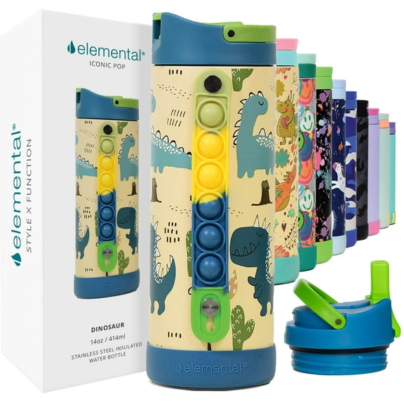 Elemental Iconic Kids Water Bottle with Straw Lid & Stress Reliever Pop It Handle - Leak-Proof When Closed - Triple Insulated Stainless Steel Reusable Thermos Water Bottle - 14oz - Dinosaur