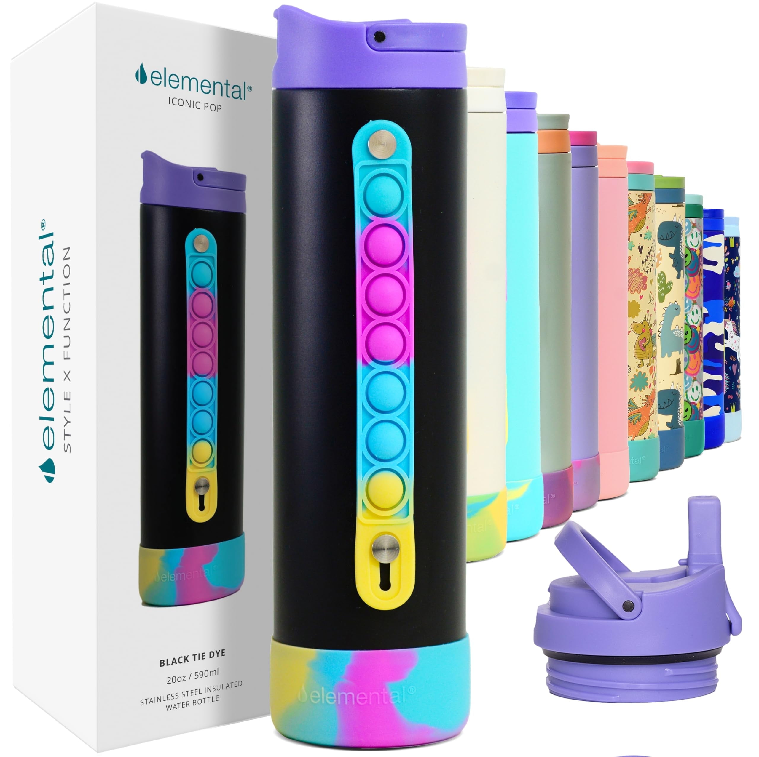 Elemental Iconic Kids Water Bottle with Straw Lid & Stress Reliever Pop It Handle - Leak-Proof When Closed - Triple Insulated Stainless Steel Reusable Thermos Water Bottle - 20oz - Black Tie Dye