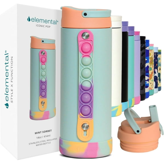 Elemental Iconic Kids Water Bottle with Straw Lid & Stress Reliever Pop It Handle - Leak-Proof When Closed - Triple Insulated Stainless Steel Reusable Thermos Water Bottle - 14oz - Mint Sorbet