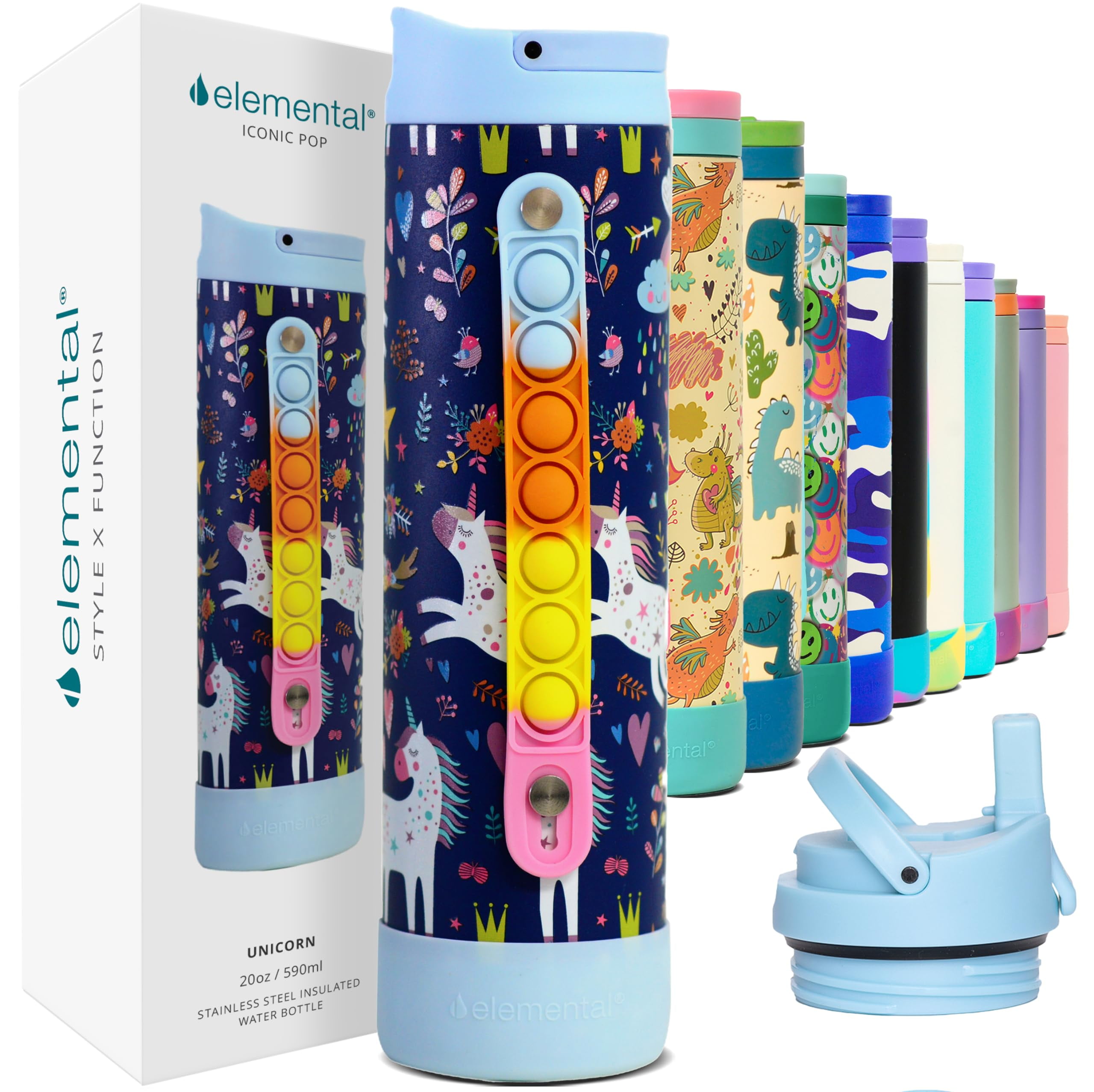 Elemental Iconic Kids Water Bottle with Straw Lid & Stress Reliever Pop ...