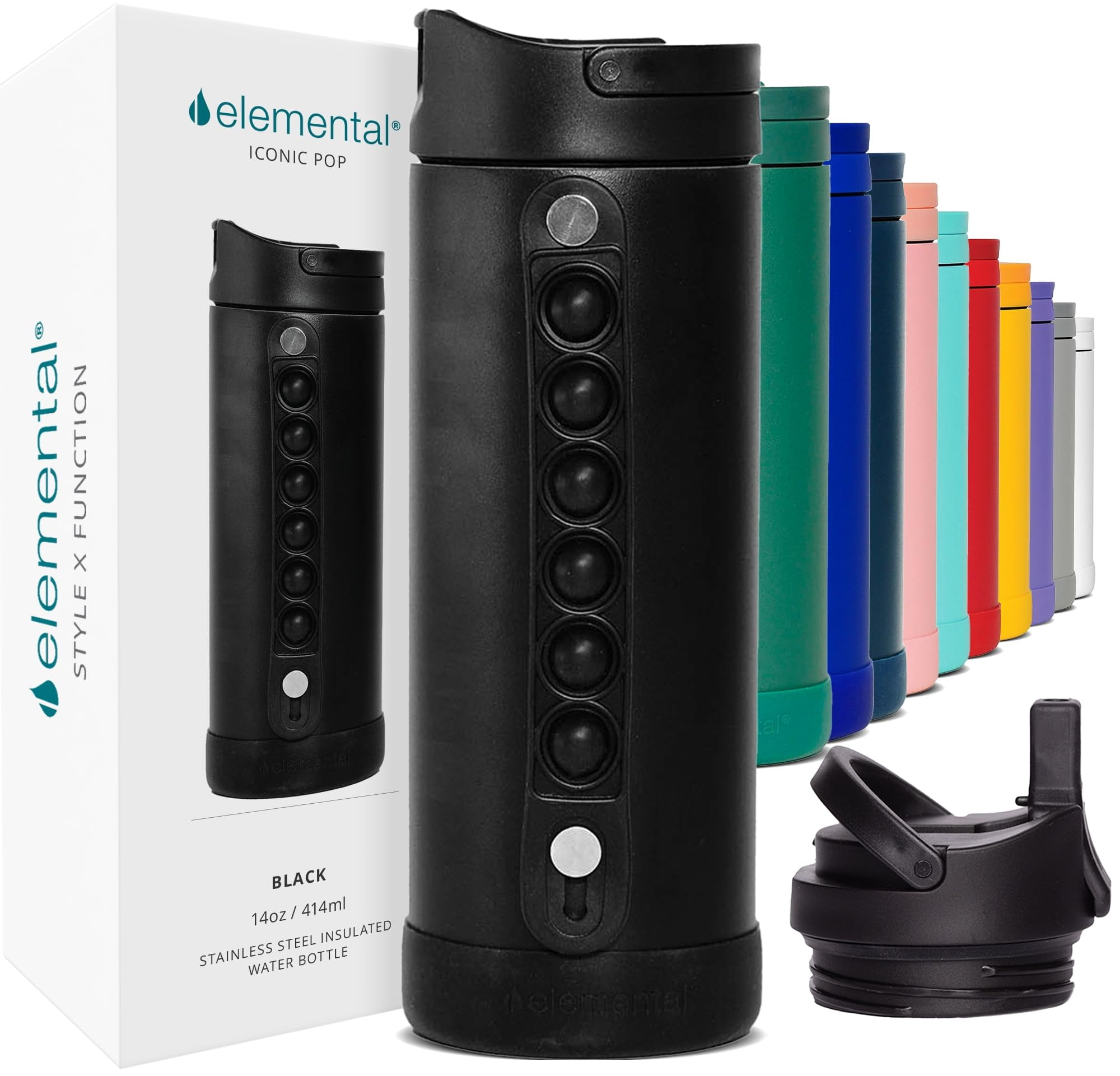 Elemental Iconic Kids Water Bottle with Straw Lid & Stress Reliever Pop It Handle - Leak-Proof When Closed - Triple Insulated Stainless Steel Reusable Thermos Water Bottle - 14oz - Black