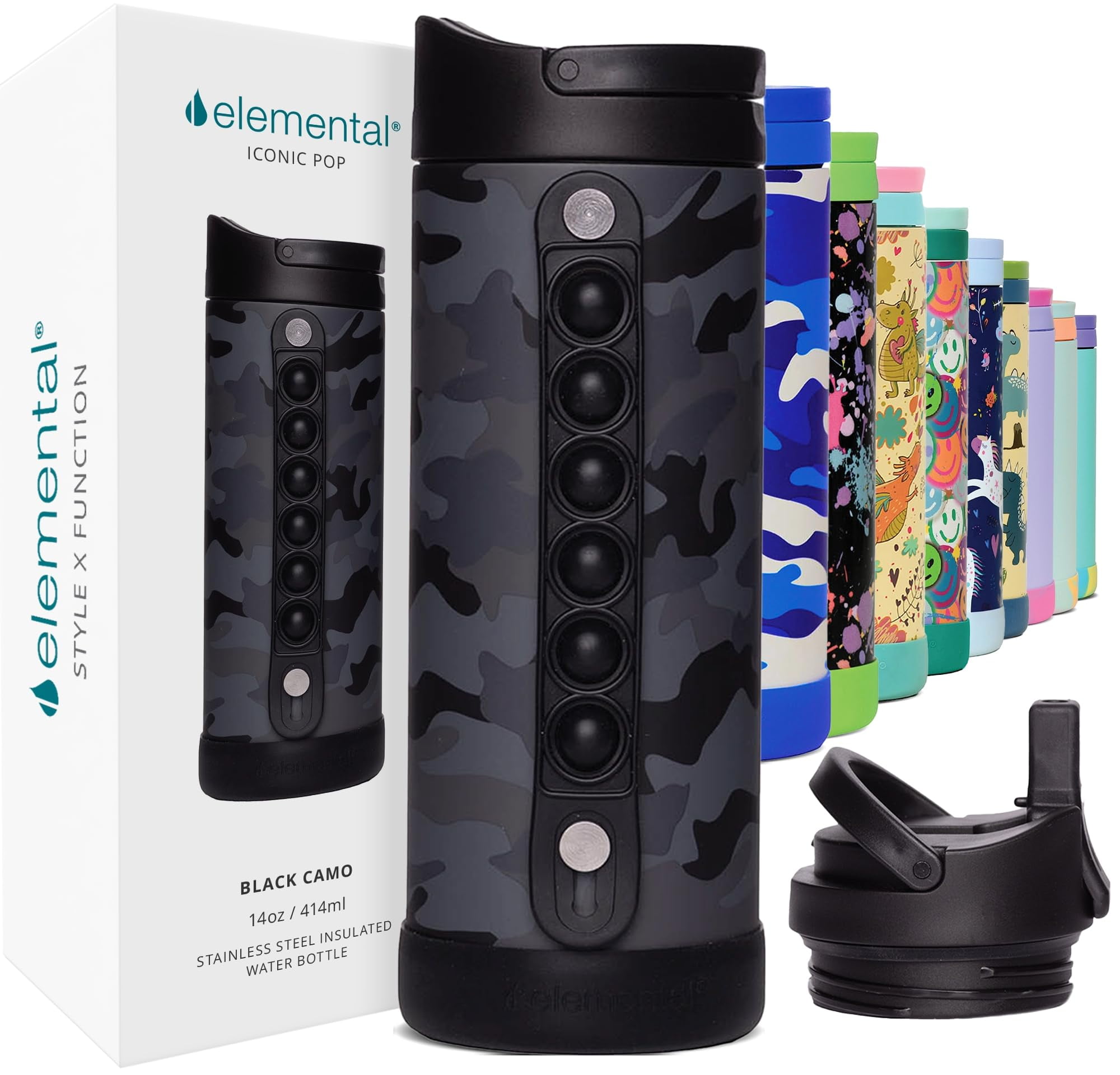Elemental Iconic Kids Water Bottle with Straw Lid & Stress Reliever Pop It Handle - Leak-Proof When Closed - Triple Insulated Stainless Steel Reusable Thermos Water Bottle - 14oz - Black Camo