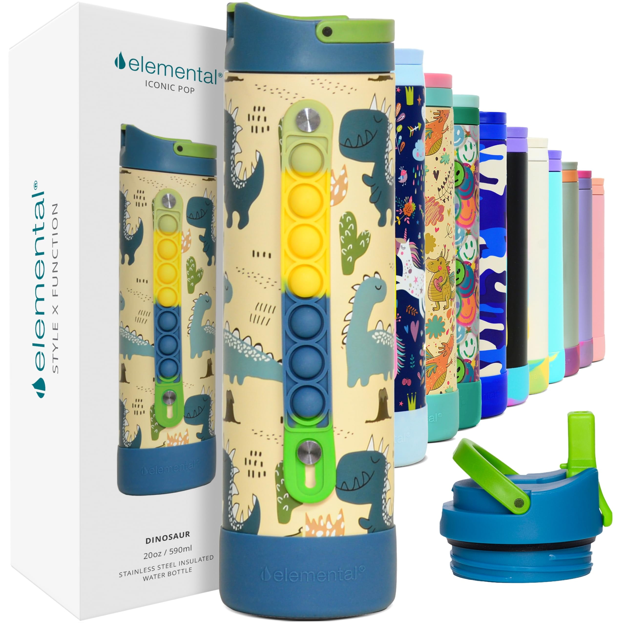 Elemental Iconic Kids Water Bottle with Straw Lid & Stress Reliever Pop ...