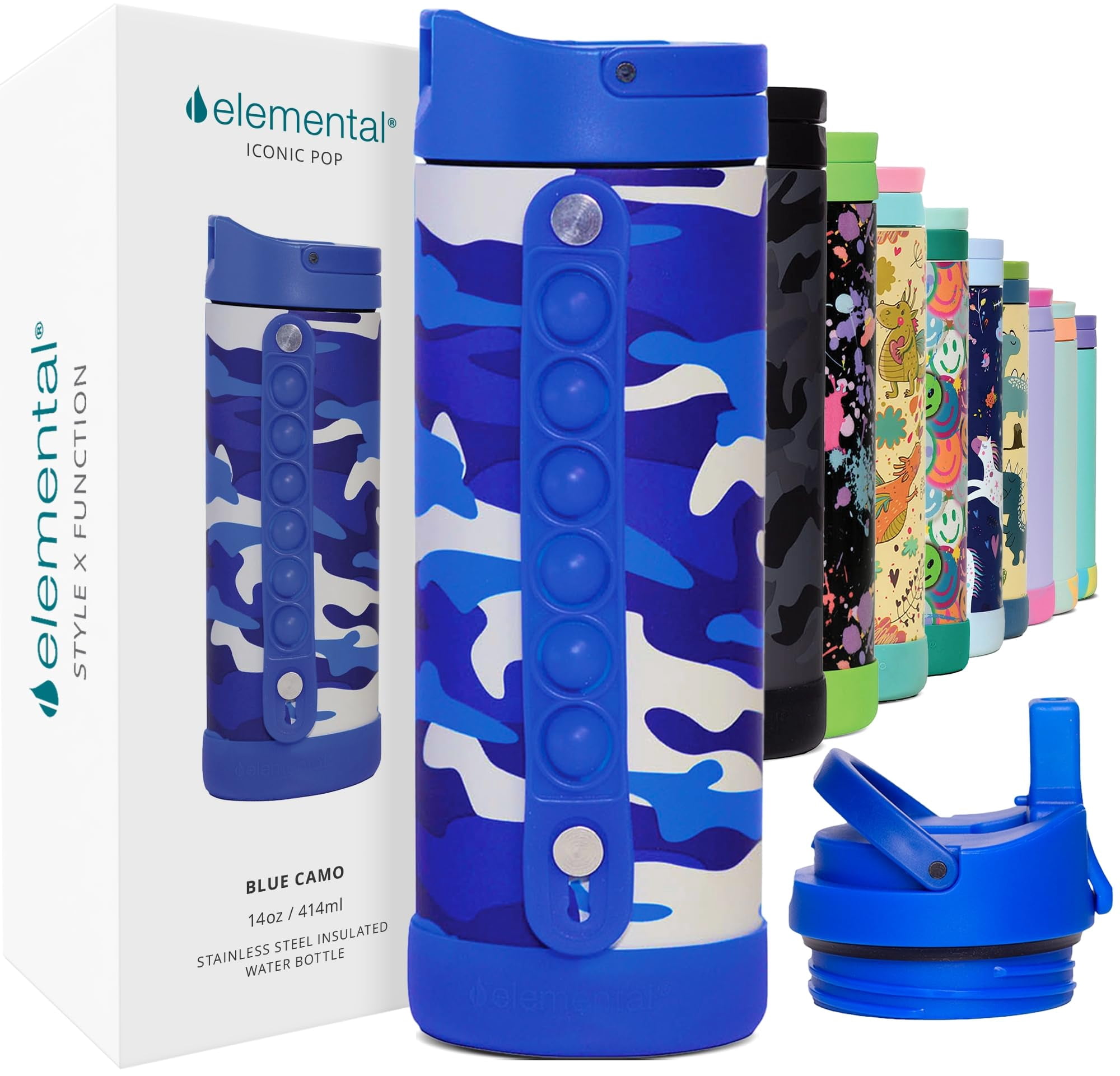 Elemental Iconic Pop Insulated Water Bottle 14oz Blue Camo with Fidget ...