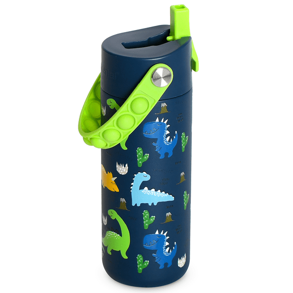 Elemental Kids Core Water Bottle 18oz Stainless Steel Dinosaur Water Bottle with Straw Lid & Pop-It Handle