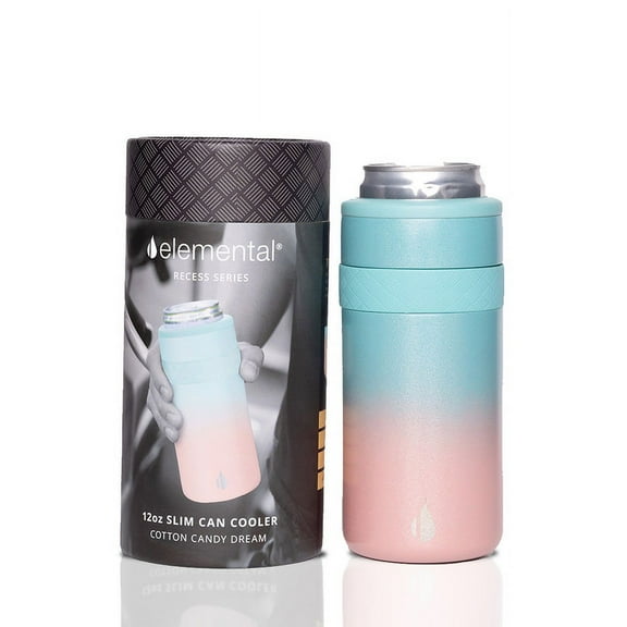 Elemental Insulated Slim Can Cooler, Triple Wall Stainless Steel Skinny Can Cooler - Drink Cooler Insulator for 12oz Skinny Seltzers, Beer, Soda Cans - Cotton Candy Dream
