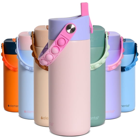 Elemental Kids Core Water Bottle 18oz Stainless Steel Pink Tie Dye Water Bottle with Straw Lid & Pop-It Handle
