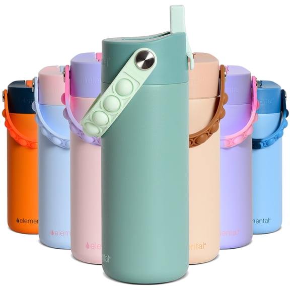 Elemental Kids Core Water Bottle 18oz  Stainless Steel Sage Water Bottle with Straw Lid & Pop-It Handle