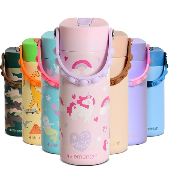 Elemental Kids Core Water Bottle 18oz Stainless Steel Unicorn Magic Water Bottle with Straw Lid & Pop-It Handle