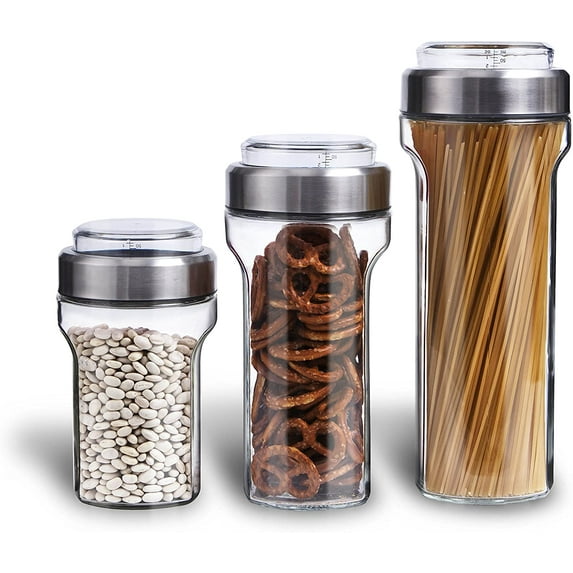 Elemental Kitchen Glass Jar Food Storage Container Set w/ Stainless Steel Measuring Cup Lids - 3 Piece Set