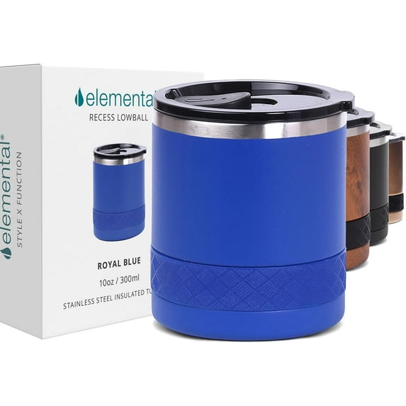 Elemental Recess Lowball Tumbler, 10oz Triple Wall Stainless Steel Cup with Non-Shattered Tritan Lid, Insulated Whiskey Glass, Insulated Coffee Tumbler Mug for Hot & Cold Drinks - Royal Blue