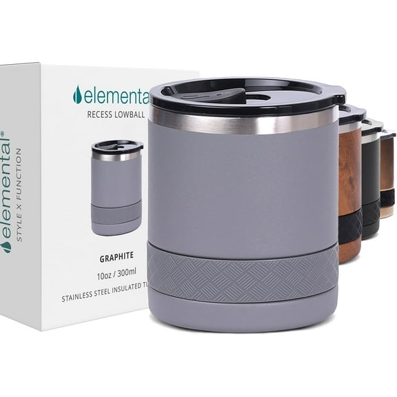 Elemental Recess Lowball Tumbler, 10oz Triple Wall Stainless Steel Cup with Non-Shattered Tritan Lid, Insulated Whiskey Glass, Insulated Coffee Tumbler Mug for Hot & Cold Drinks - Graphite