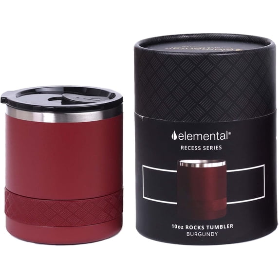 Elemental Recess Lowball Tumbler, 10oz Triple Wall Stainless Steel Cup with Non-Shattered Tritan Lid, Insulated Whiskey Glass, Insulated Coffee Tumbler Mug for Hot & Cold Drinks - Burgundy