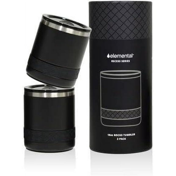 Elemental Recess Lowball Tumbler Set of 2, 10oz Triple Wall Stainless Steel Cup with Non-Shattered Tritan Lid, Insulated Whiskey Glass, Insulated Coffee Tumbler Mug for Hot & Cold Drinks - Black