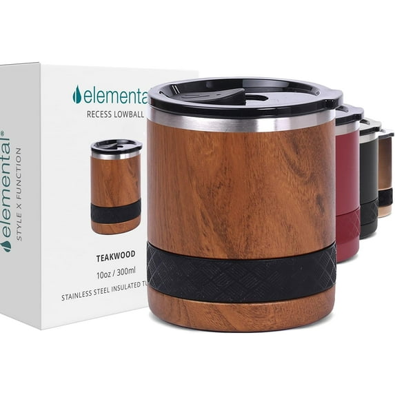 Elemental Recess Lowball Wine Tumbler, 10oz Triple Wall Stainless Steel Cup with Non-Shattered Tritan Lid, Insulated Whiskey Glass, Insulated Coffee Tumbler Mug for Hot & Cold Drinks - Teak Wood