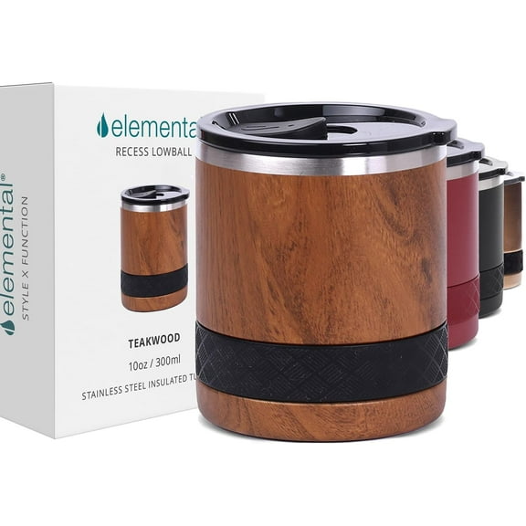 Elemental Recess Lowball Wine Tumbler, 10oz Triple Wall Stainless Steel Cup with Non-Shattered Tritan Lid, Insulated Whiskey Glass, Insulated Coffee Tumbler Mug for Hot & Cold Drinks - Teak Wood