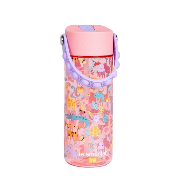 Elemental Splash Kids Water Bottle - Plastic Water Bottle - BPA Free - Leak Proof - Straw Lid - Pop-it Handle - Durable - For Girls, Boys & School Reusable Water Bottle - 18oz - Pink Safari