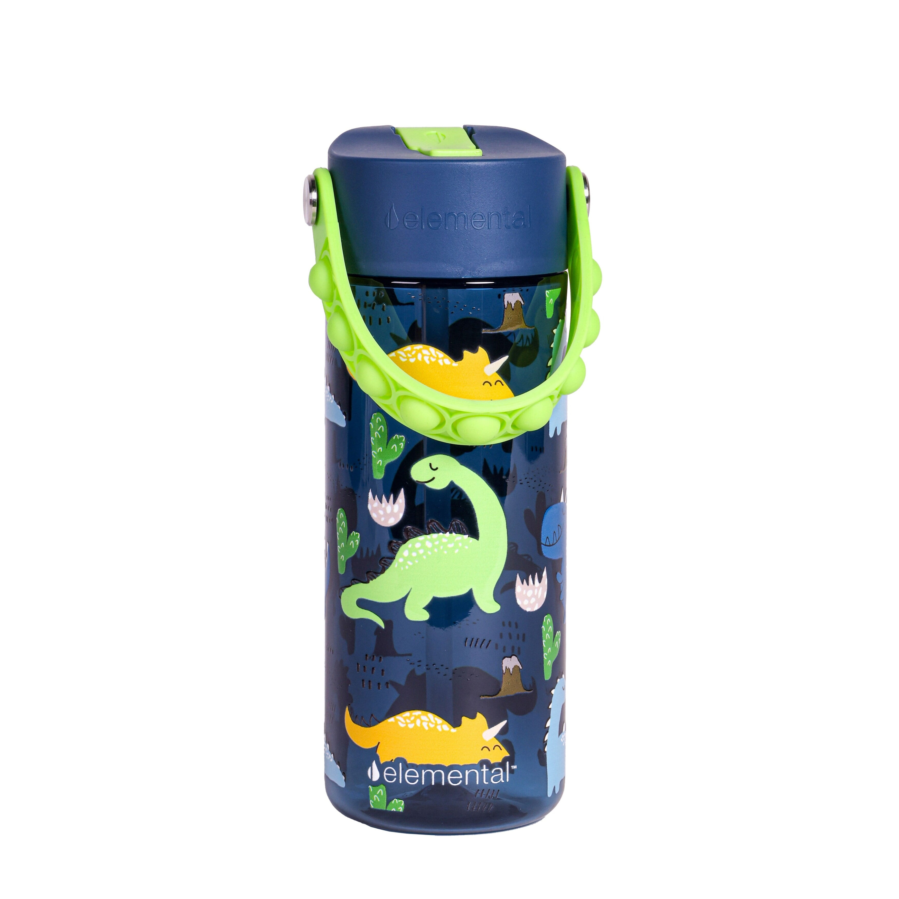 Elemental Splash Kids Water Bottle - Plastic Water Bottle - BPA Free - Leak Proof - Straw Lid - Pop-it Handle - Durable - For Girls, Boys & School Reusable Water Bottle - 18oz - Dinosaur Navy