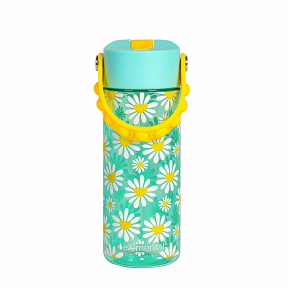 Elemental Splash Kids Water Bottle - Plastic Water Bottle - BPA Free - Leak Proof - Straw Lid - Pop-it Handle - Durable - For Girls, Boys & School Reusable Water Bottle -18oz - Daisy Heart Robins Egg