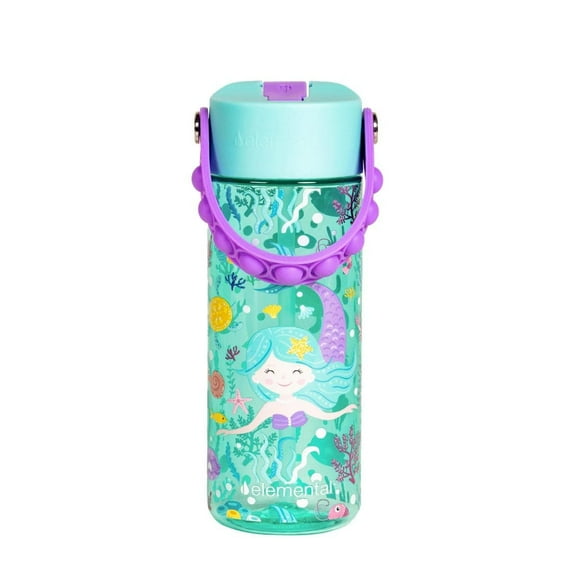 Elemental Splash Kids Water Bottle - Plastic Water Bottle - BPA Free - Leak Proof - Straw Lid - Pop-it Handle - Durable - For Girls, Boys & School Reusable Water Bottle - 18oz - Mermaid