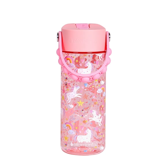 Elemental Splash Kids Water Bottle - Plastic Water Bottle - BPA Free - Leak Proof - Straw Lid - Pop-it Handle - Durable - For Girls, Boys & School Reusable Water Bottle - 18oz - Unicorn