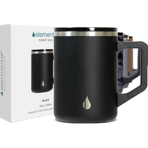 Elemental Summit Insulated Coffee Mug with Lid & Handle, Insulated Vacuum Camp Coffee Cup, Triple Wall Stainless Steel Travel Mug, Hot and Cold Thermal Coffee Tumbler, 16oz - Black