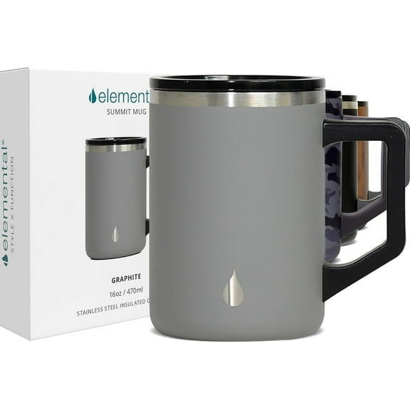 Elemental Summit Insulated Coffee Mug with Lid & Handle, Lightweight Camp Mug, Triple Wall Stainless Steel Vacuum Insulated Mug, Hot and Cold Thermal Coffee Tumbler, 16oz - Graphite