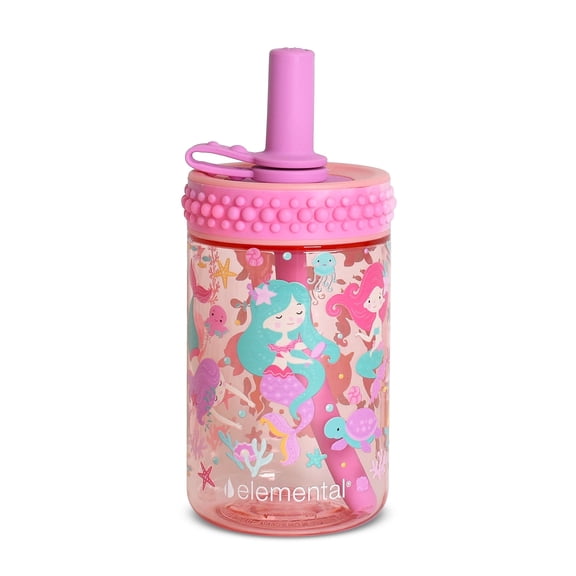 Elemental Totsy Kids Drinking Cup - BPA Free Toddler Cups with Lid and Straw - Lightweight & Leak Proof Tritan Plastic kids Cup - Bubble Grip Design for Small Hands - 12oz - Mermaid Bash