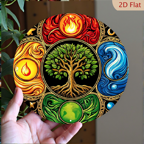 Elemental Tree of Life Metal Wall Art, 8x8 Inch Round Aluminum Decor, Mystical Nature and Four Elements Mandala Design for Living Room or Bedroom Wall Hanging