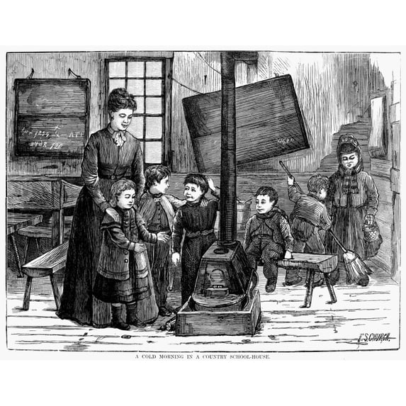 Elementary School 1875. N'A Cold Morning In A Country School.' Wood Engraving American 1875. Print by