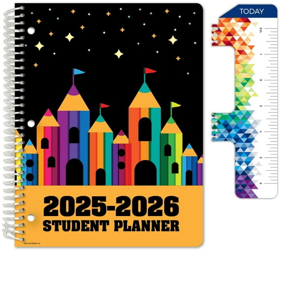 Global Datebooks 2025-2026 Elementary Student Planner 8.5x11 - Dated Weekly & Monthly Academic Planner (Large) with Ruler/Bookmark & Stickers, Ideal for Homework, Matrix Style, Pencil Castle