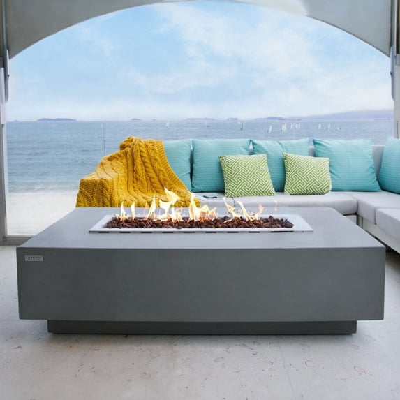 Elementi Outdoor Granville Fire Pit Table 60 x 27 Inches Grey Durable Fire Bowl Glass Reinforced Concrete Rectangle Fire Table Liquid Propane Patio Fire Place Includes Burner and Lava Rock