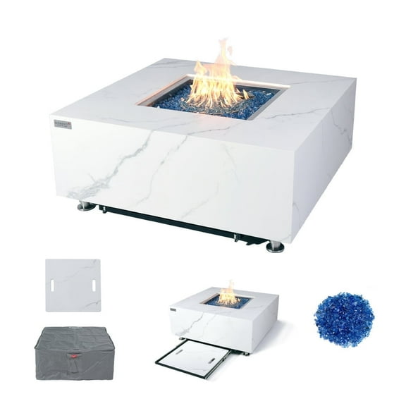 Elementi Plus Bianco Natural Gas Fire Pit for Outside Outdoor Fire Pit Table Smokeless Firepit Marble Porcelain Square Fire Table Patio Heater Fireplace 60000 BTUs - Bianco White, 39.4 x 39.4 Inches