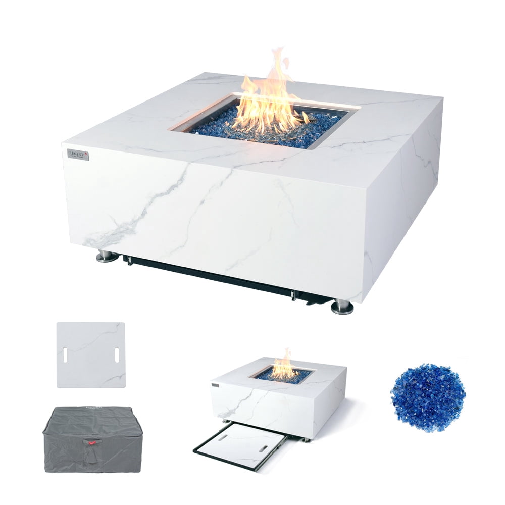 Elementi Plus Bianco Propane Fire Pit for Outside Outdoor Fire Pit Table Smokeless Firepit Marble Porcelain Square Fire Table Patio Heater Fireplace 60000 BTUs - Bianco White, 39.4 x 39.4 Inches