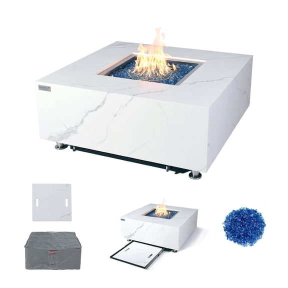 Elementi Plus Bianco Propane Fire Pit for Outside Outdoor Fire Pit Table Smokeless Firepit Marble Porcelain Square Fire Table Patio Heater Fireplace 60000 BTUs - Bianco White, 39.4 x 39.4 Inches