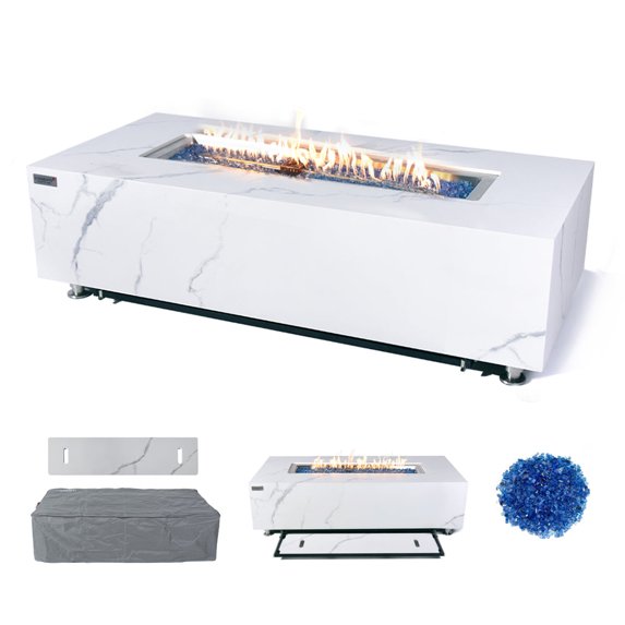 Elementi Plus Carrara Propane Fire Pit for Outside Outdoor Fire Pit Table Smokeless Firepit Marble Porcelain Rectangular Fire Table Patio Heater Fireplace 60000 BTUs - Bianco White, 59.8 x 28 Inches
