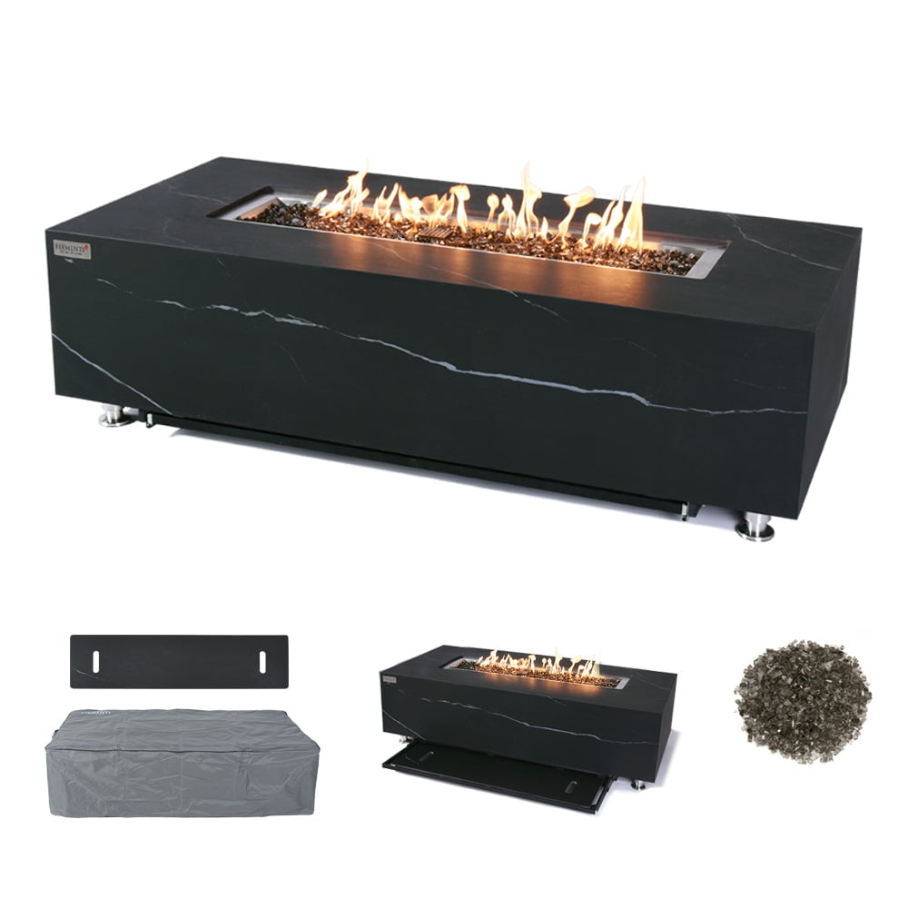 Elementi Plus Varna Natural Gas Fire Pit Outside Outdoor Fire Pit Table Smokeless Firepit Marble Porcelain Rectangular Fire Table Patio Heater Fireplace 60000 BTUs - Bulgaria Black, 59.8 x 28 Inches