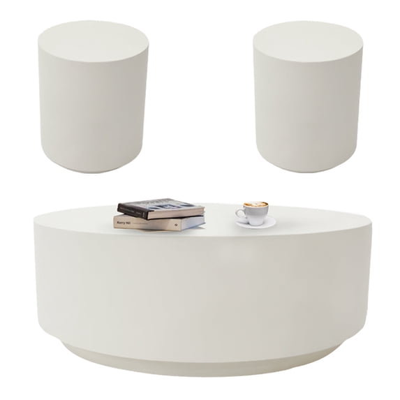 Elementi Rome Coffee Table End Table Set of 3 for Indoor Outdoor Patio Tables Outdoor Furniture Coffee Table Set Side Table Living Room Furniture Center Table Nightstand Concrete, Cream White - Round
