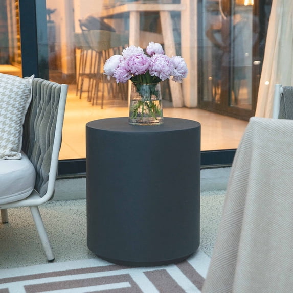 Elementi Rome Outdoor Side Table Accent Table Patio Tables Outdoor Furniture Round Small Coffee Table End Table Living Room Furniture Center Table Nightstand Concrete, Slate Black - 17.7 x 17.7 Inches